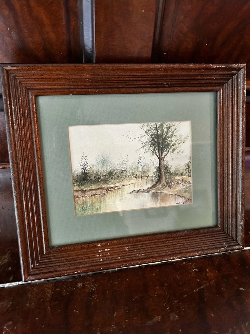 Framed Landscape Original signed Watercolor Painting in Green Mat and Wood Frame